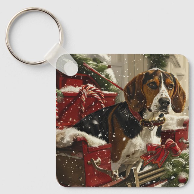 Chaveiro Cão Coonhound Walker Arborizado Natal Festivo (Frente)