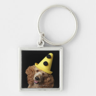 Chaveiro Cão de caniche dourado que veste um chapéu amare