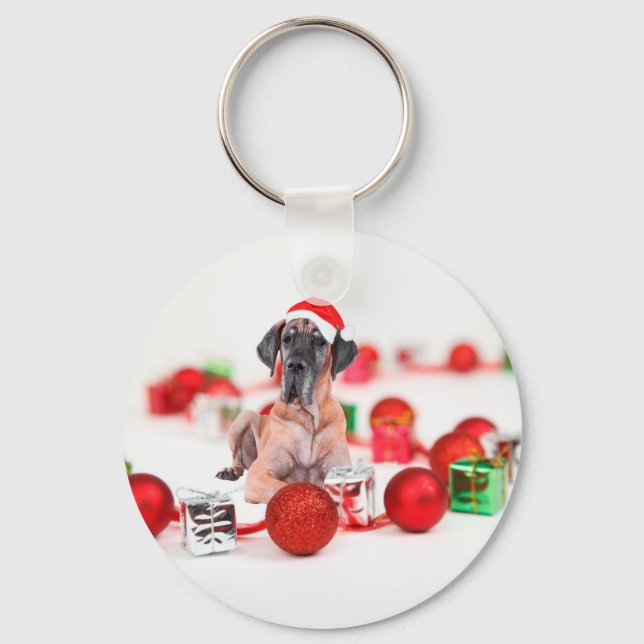 Chaveiro Cão Dogue Alemão com Enfeites de Natal Presentes (Frente)