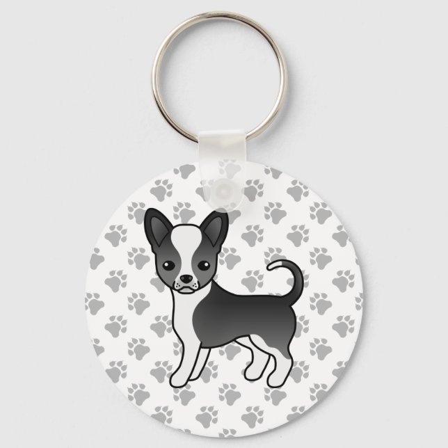 Chaveiro Cão e patas, Casaco, preto e branco, suave, Chihua (Frente)