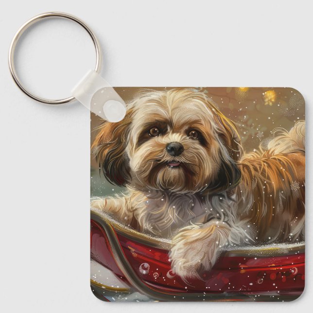 Chaveiro Cão Lhasa Apso Natal Festivo (Frente)