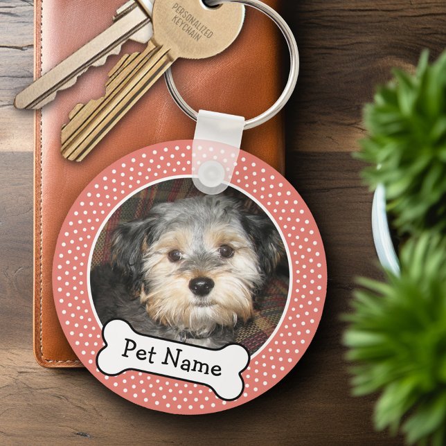 Chaveiro Cão Osso e Bolinhas Coral Foto Pet (Personalized Keychain - Add Your Pet Dog Photo)