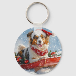 Chaveiro Cão Rough Collie em Trenó Deixe Nevar Natal