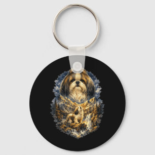 Chaveiro Cão Shih Tzu Natureza Uivando para a Lua Vintage