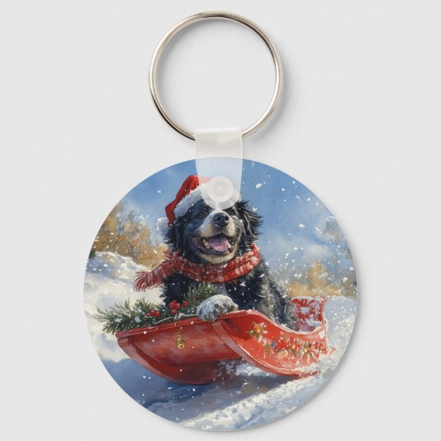 Chaveiro Cão Terra-Nova no Trenó Deixe Nevar Natal (Frente)