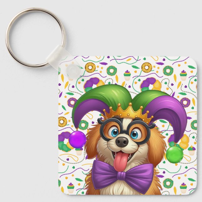 Chaveiro Cãozinho bonito Mardi Gras com chapéu de gester (Frente)