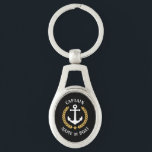 Chaveiro Capitão Boat Name Anchor Dourado Style Laurel Meta<br><div class="desc">Um chaveiro de metal personalizado com seu nome de barco, nome da família ou outro texto desejado e título do Capitão ou outra classificação, conforme necessário. Apresentando uma âncora náutica personalizada, folhas de louros de estilo ouro e emblema de estrela em fundo preto ou ajustando facilmente a cor primária para...</div>