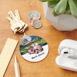 Chaveiro Carrinho de Golfe Rosa para golfista feminino em v