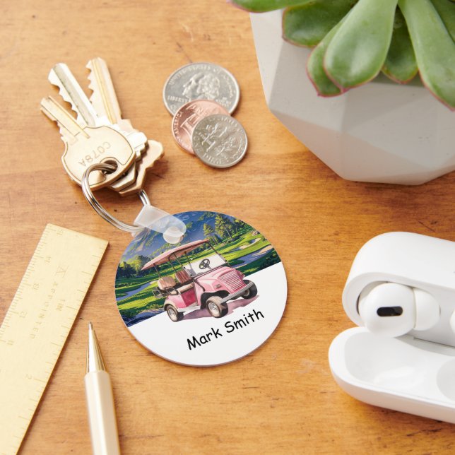 Chaveiro Carrinho de Golfe Rosa para golfista feminino em v (Mesa)