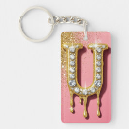 Chaveiro Carta Inicial de Diamante Dourado U Presente Rosa 