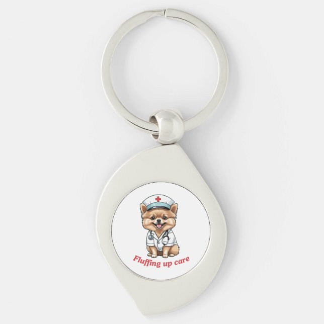 Chaveiro Cartoon de Enfermeira com Design de Cão Pomerano (Frente)