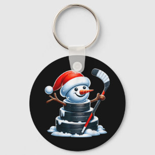 Chaveiro Cartoon Ice Hockey Puck Snowman Com Santa Hat Chr