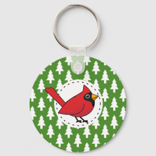 Chaveiro Cartoon Red Cardinal sobre Pinheiros Brancos Verde