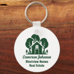 Chaveiro Casa Florestal Verde de Empresa Imobiliária Person<br><div class="desc">Esta chaveiro de empresa imobiliária florestal é perfeitamente personalizada para um corretor especializado em casas perto da natureza selvagem ou da floresta. A silhueta verde de árvores atrás de uma cabana de madeira e personalizada com seu agente e nome comercial real para marketing no sertão.</div>