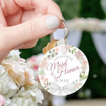 Chaveiro Casamento de Fúria Floral Rosa-Rosa-madrinha de ca<br><div class="desc">Estes chaveiros são projetados para oferecer um favor ou um presente para a Madrinha de casamento na sua festa de casamento. Eles apresentam um design de cor d'água pintado à mão rústica com uma coroa floral em tons de rosa-pincel, coral, mauve, menta, musgo e verde-sábio. O texto é escrito em...</div>