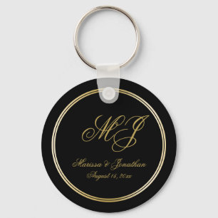 Chaveiro Casamento de Script Dourado Monograma Preto Elegan