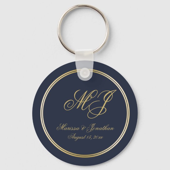 Chaveiro Casamento de Script Monograma Azul Dourado Elegant (Frente)