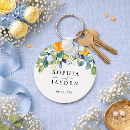 Chaveiro Casamento em aquarela floral elegante em amarelo e