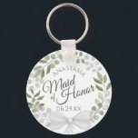 Chaveiro Casamento Eucalyptus Wreath madrinha de casamento<br><div class="desc">Estes chaveiros são projetados para oferecer um favor ou um presente para a Madrinha de casamento na sua festa de casamento. Eles apresentam um design de cor d'água pintado à mão rústica com uma coroa de eucalipto e folhagem em tons de menta, musgo e sábio verdes. O texto é escrito...</div>