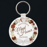 Chaveiro Casamento Floral de madrinha de casamento Rustic F<br><div class="desc">Estes chaveiros são projetados para oferecer um favor ou um presente para a Madrinha de casamento na sua festa de casamento. Eles apresentam um design de cor d'água pintado à mão rústica com uma coroa de rosas e folhagem em tons de número queimado, laranja de ferrugem e pêssego de coral....</div>