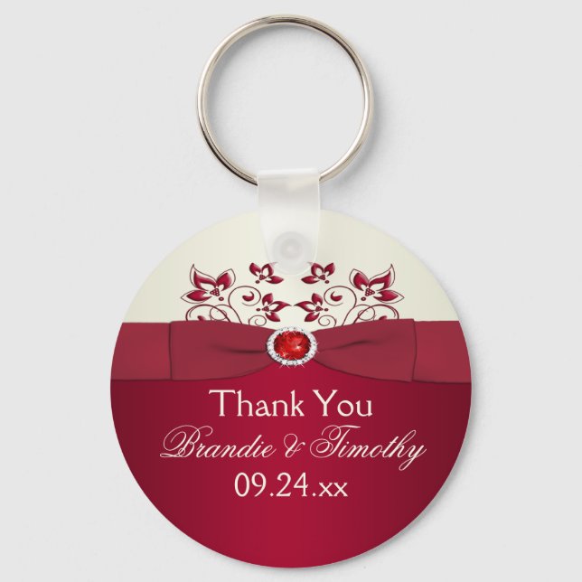 Chaveiro Casamento Floral Vermelho e Ivory - Cadeia-Chave F (Frente)