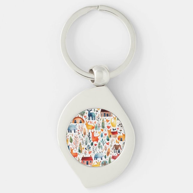 Chaveiro Casas vermelhas e casas Folha de Papel (Frente)