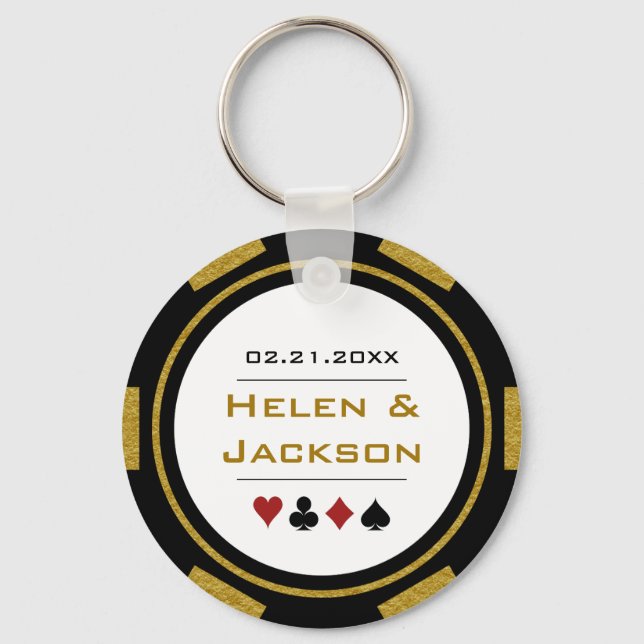 Chaveiro Casino Poker Chip Dourado Preto Favor do Casamento (Frente)