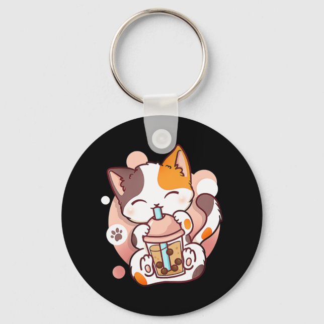 Chaveiro Cat Boba Tea Bubble Tea Anime Kawaii Neko para Gar (Frente)