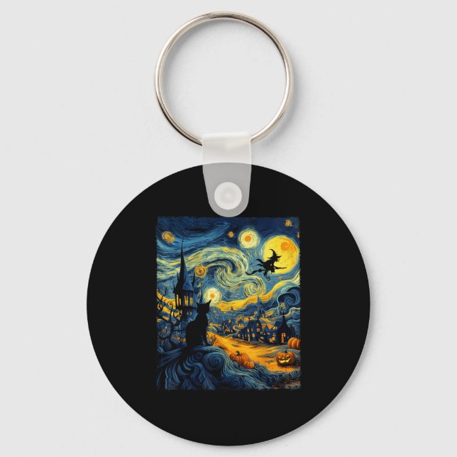 Chaveiro Cat Halloween Van Gogh Starry Night Pumpkin Men Wo (Frente)