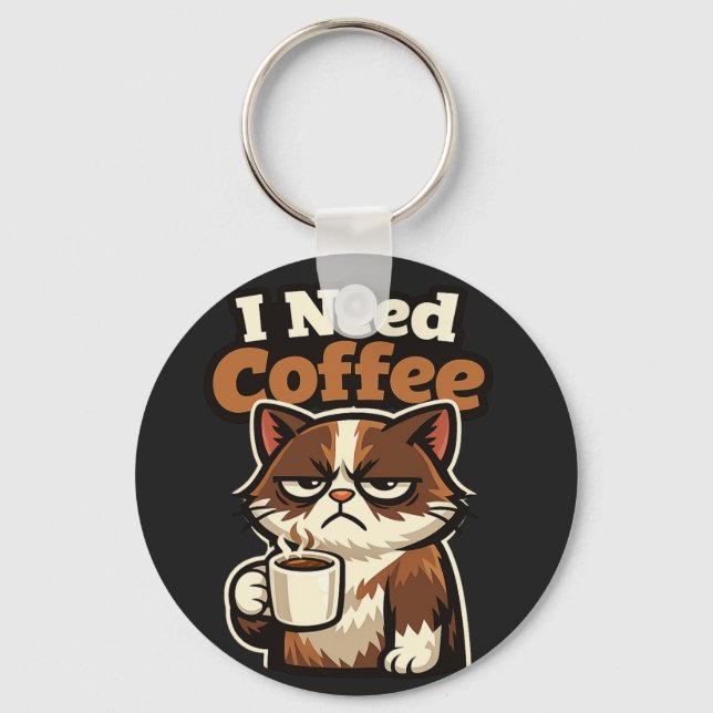 CHAVEIRO CAT MEME “I NEED COFFE” (Frente)