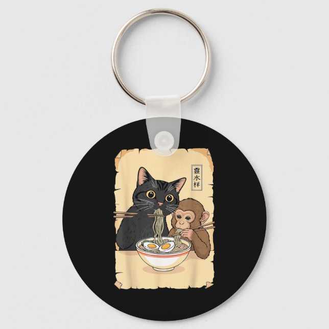 Chaveiro Cat Ramen Monkey Shirt Funny Cat Monkey Eating Ram (Frente)