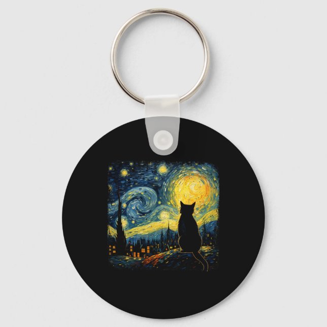 Chaveiro Cat Starry Night Van Gogh Cat Para Cat Lover Cat M (Frente)