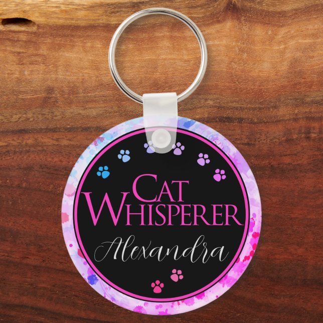 Chaveiro Cat Whisperer Colorful Tie Dye Rosa divertido dize (Frente)