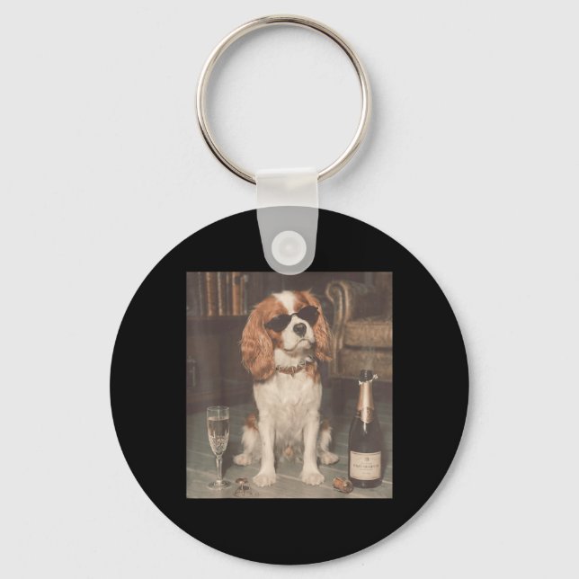Chaveiro Cavalier King Charles Bebendo Champanhe Engraçado (Frente)