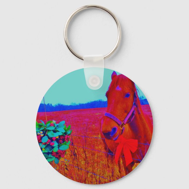 Chaveiro Cavalo castanho de cor natalina : adicionar nome (Frente)