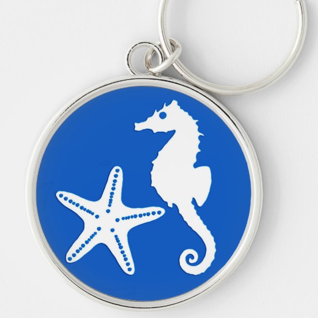 Chaveiro Cavalo-da-costa e estrelas-do-mar - branco em azul (Frente)