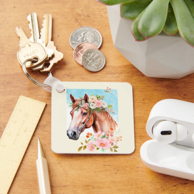 Chaveiro Cavalo e Flores de Aquarela (Mesa)