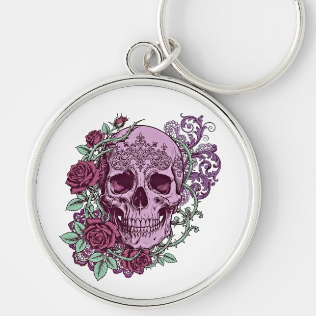 Chaveiro Caveira de Lavanda com Design Gótico de Rosas (Frente)