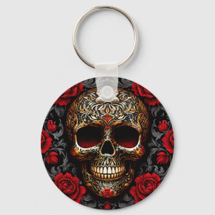 Chaveiro Caveira do Dia de los Muertos com Rosas Vermelhas