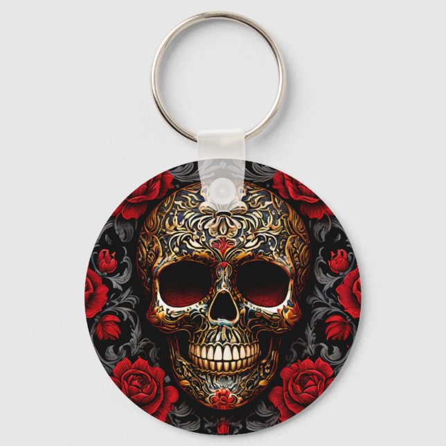 Chaveiro Caveira do Dia de los Muertos com Rosas Vermelhas (Frente)