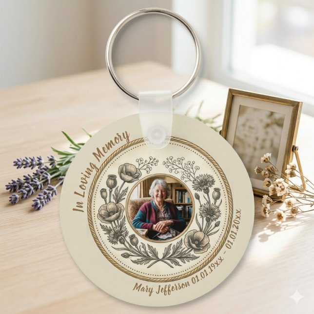 Chaveiro Celebração Memorial Botânico Vintage da Vida (Vintage floral photo keychain for a grieving family to wear at a celebration of life service.)