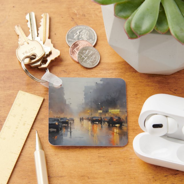 Chaveiro Cena de Chuva da Noite Urbana (Mesa)