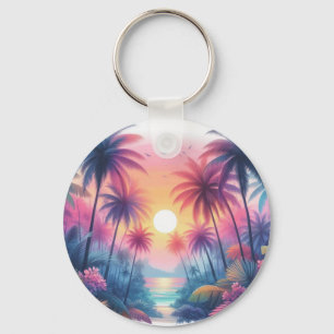 Chaveiro Cena de praia tropical com sol cor-de-rosa