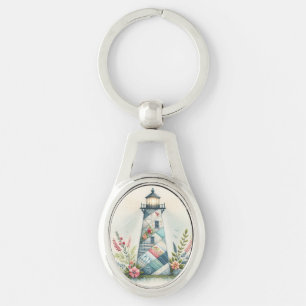 Chaveiro Cena Floral do Farol em Patchwork Costeiro