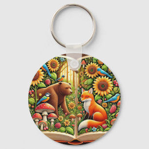 Chaveiro Cena Florestal Com Urso, Raposa, Girassóis