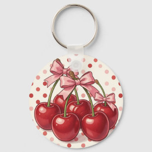 Chaveiro Cerejas Vermelhas Doces Laços Rosa Pontos Polka Re