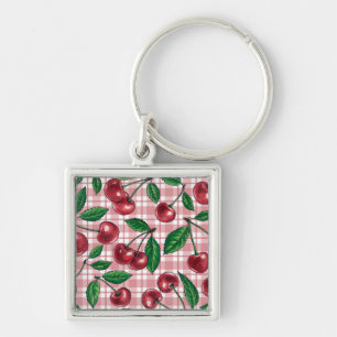 Chaveiro Cerejas vermelhas em gingham rosa