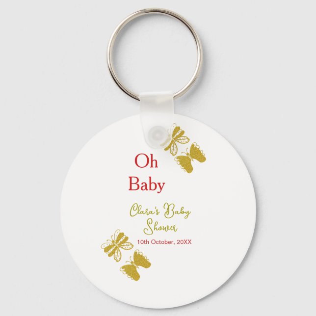 Chaveiro chá de fraldas vermelho da borboleta ouro oh bebê  (Frente)