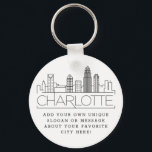 Chaveiro Charlotte, NC Stylized Skyline | Slogan Personaliz<br><div class="desc">Uma cadeia chave única representando a bela cidade de Charlotte,  NC. Este chaveiro apresenta uma ilustração estilizada do horizonte único da cidade com seu nome embaixo. Por baixo do nome da cidade está um lugar para o seu slogan ou afirmação exclusivo sobre a sua cidade favorita.</div>