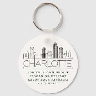 Chaveiro Charlotte, NC Stylized Skyline   Slogan Personaliz